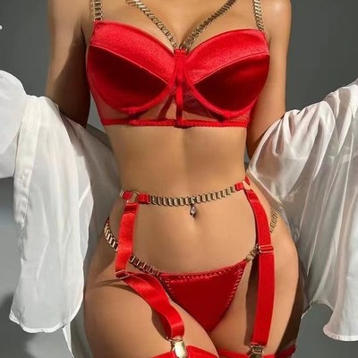 Fun lingerie sexy sleepwear metal chain garter belt bra set
