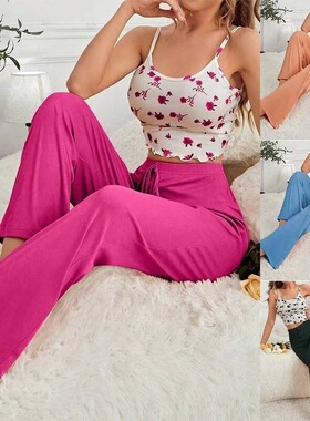 Printed suspender solid color pants set 印花吊带纯色长裤套装