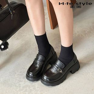 惠图女鞋秋季春秋新款真皮低跟乐福鞋皮鞋复古风时装女单鞋