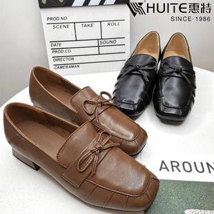 惠特品牌正品女鞋秋季新款矮跟真皮羊皮蝴蝶结小皮鞋时装女单鞋