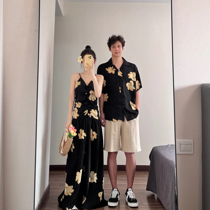 2025夏季情侣装海边沙滩吊带印花连衣裙女夏季衬衫