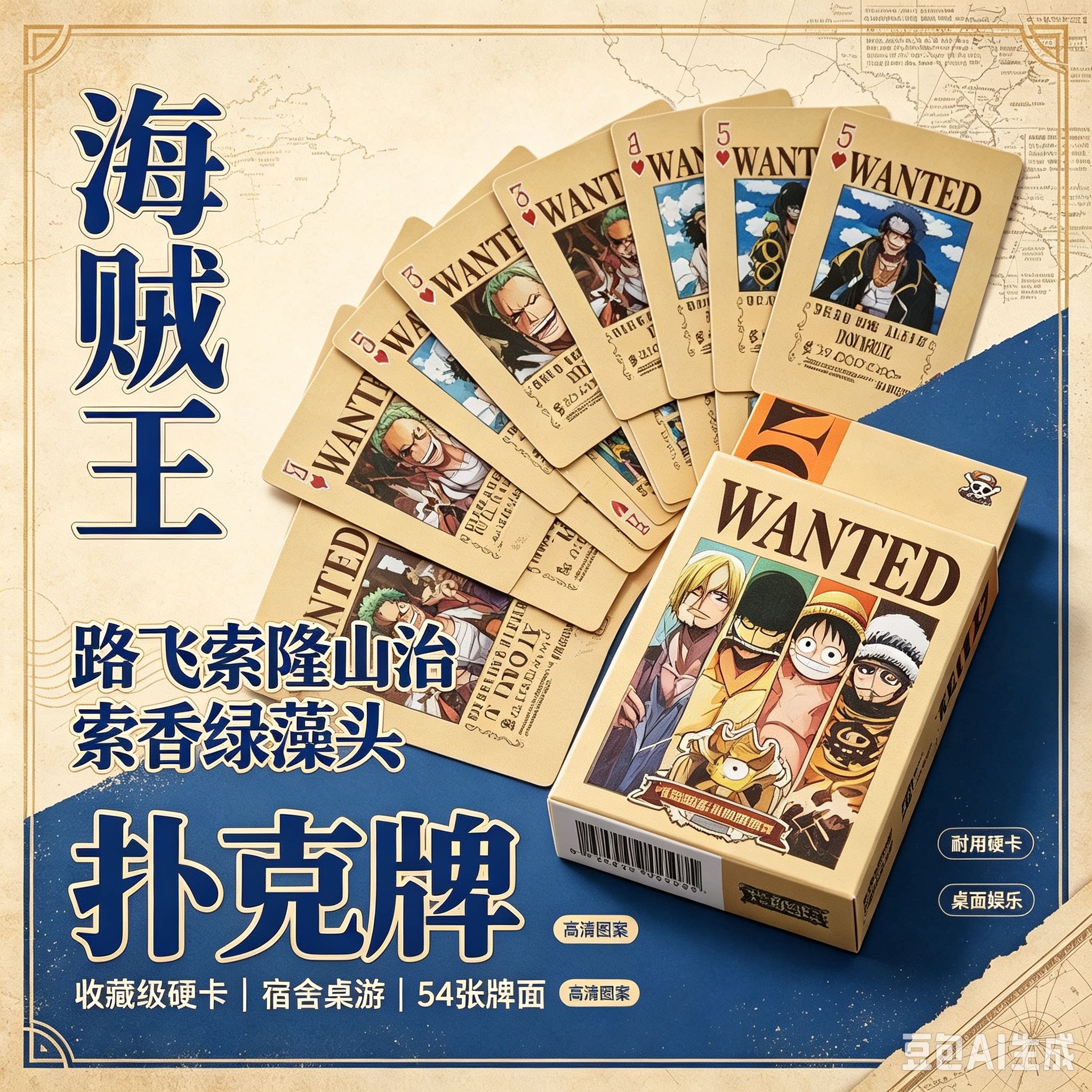 海贼王路飞索隆山治女帝汉库克白胡子鹰眼扑克卡牌桌游收藏54张