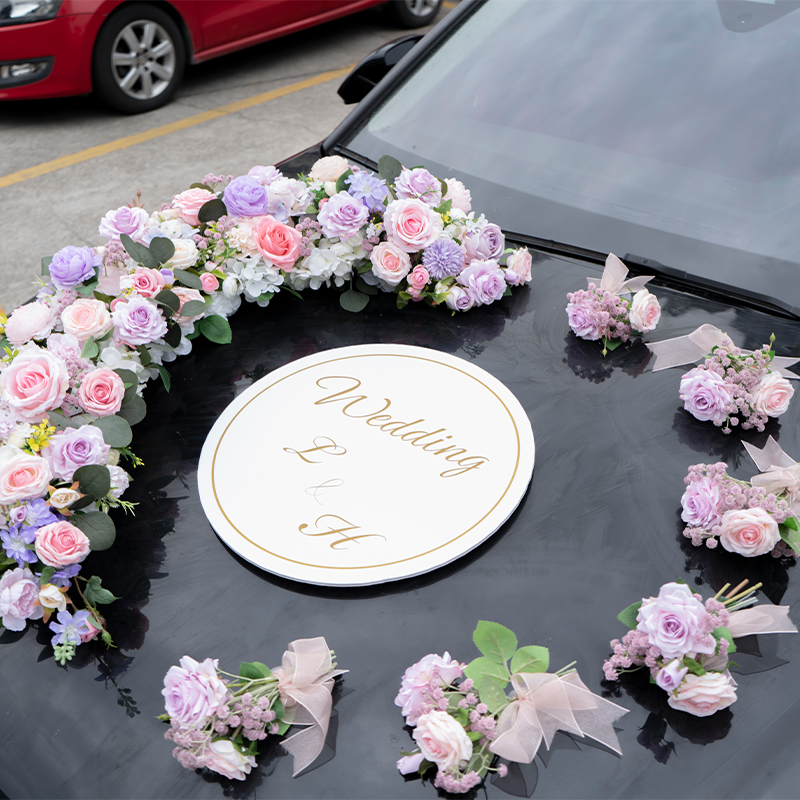 新款粉紫色仿真婚车装饰车头花 婚礼迎亲车队主婚车布置全套花艺