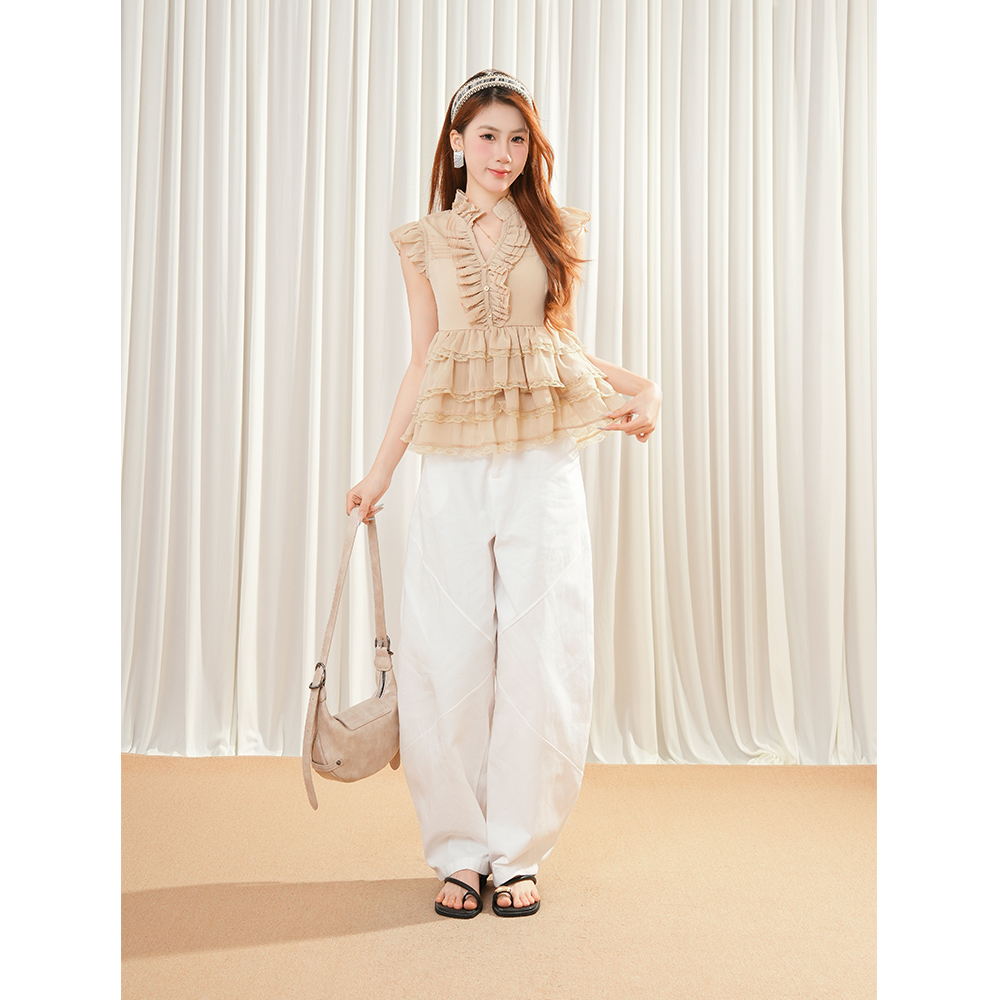 法式气质套装2025夏季新款V领飞飞袖上衣+慵懒休闲长裤显瘦两件套