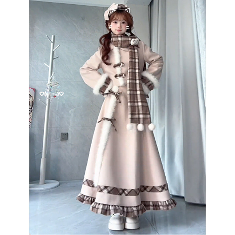焦糖小熊 秋冬氛围感甜美格子拼接毛呢围巾外套长裙千金感三件套