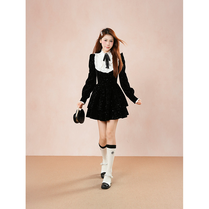 南法舞曲 白月光秋冬丝绒双层细闪蓬蓬蛋糕千金风连衣裙生日礼裙