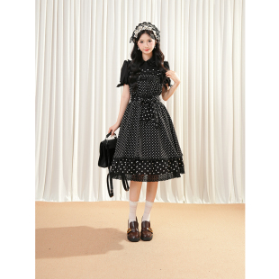 上衣两件套 古着vintage波点套装 蝴蝶结蓬蓬连衣裙泡泡袖 新款 夏季