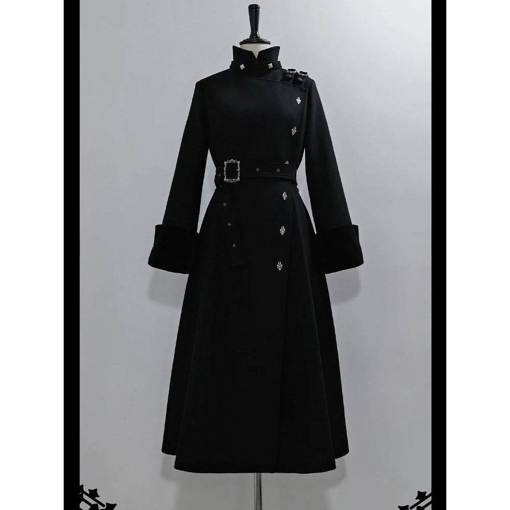 【破势出击】2025年冬季新款哥特气质绑带收腰显瘦中长款毛呢外套