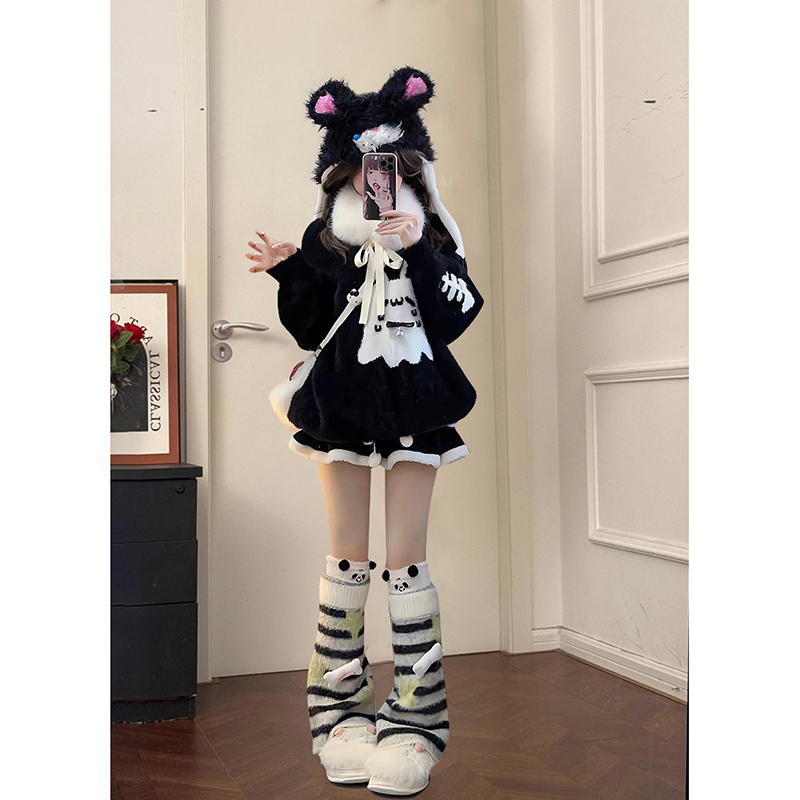 幽灵猫猫黑色毛衣宽松保暖毛茸茸圆领上衣+短裙冬季2024新款套装