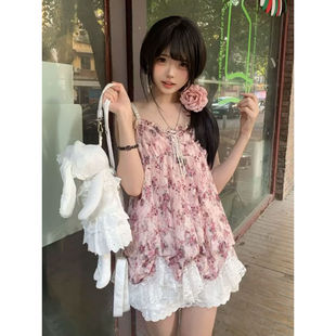 古早vintage日系碎花裙蕾丝花柄收腰系带花苞连衣裙 古着系甜妹