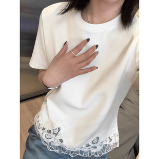 超好看独特漂亮蕾丝上衣 大码 夏季 纯棉白色正肩短袖 t恤女2025新款
