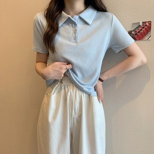 t恤女2025新款 正肩短袖 洋气减龄设计感微胖MM遮肚显瘦polo领上衣T