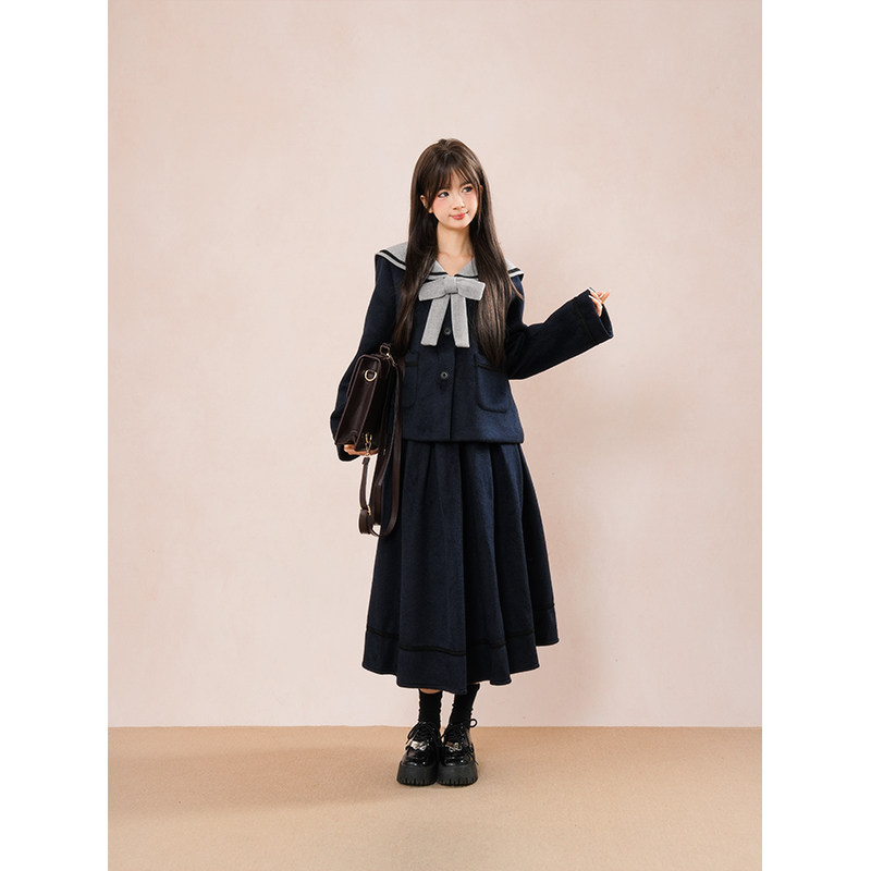 甜美可爱小个子学院风藏青色撞色拼接海军领外套+半身裙两件套女,女装/女士精品,时尚套装,淘宝优惠券,粉丝福利购,淘宝优惠卷