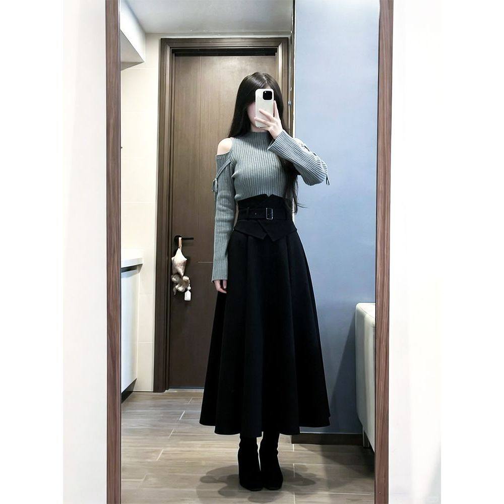 【 月落灰川】小个子秋冬季日系甜美针织露肩毛衣+半身裙两件套女