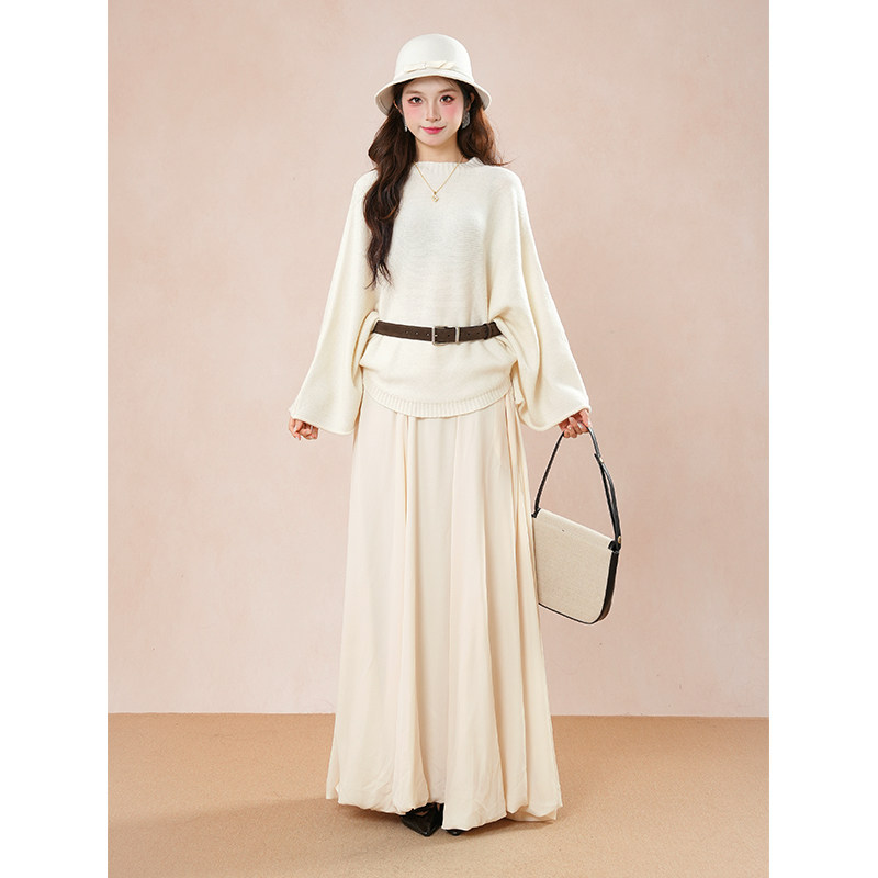 柏林的秋 法式高级设计感白色针织上衣+直筒长裙修身气质两件套