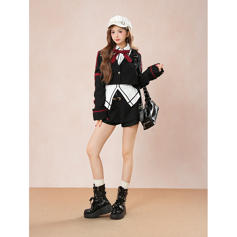 蔷薇星光 哥特小众设计感偶像小西服外套收腰显瘦衬衫半裙三件套