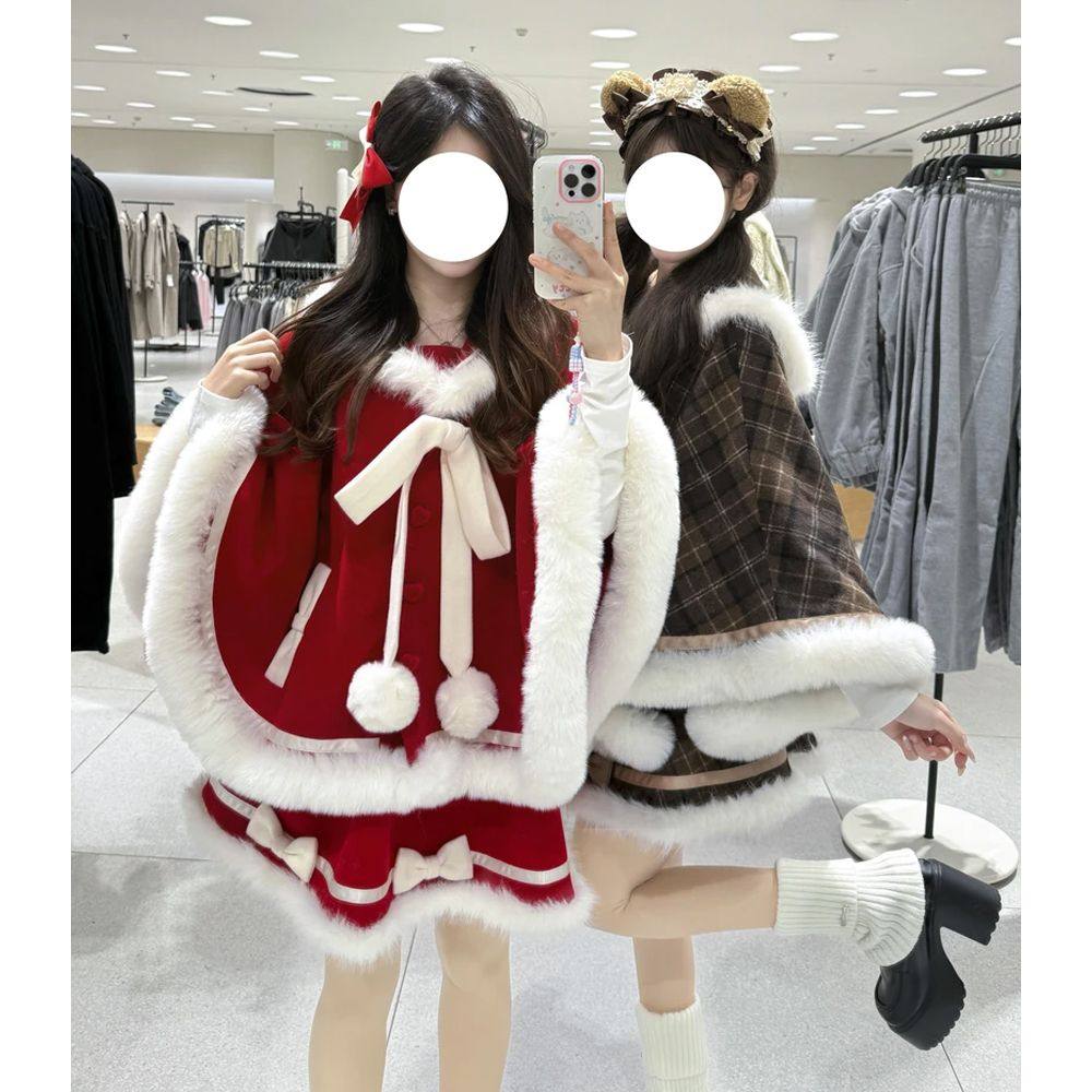 绒绒雪 秋冬可爱甜美毛边连帽斗篷少女纯欲蓬蓬短裙洋装圣诞套装