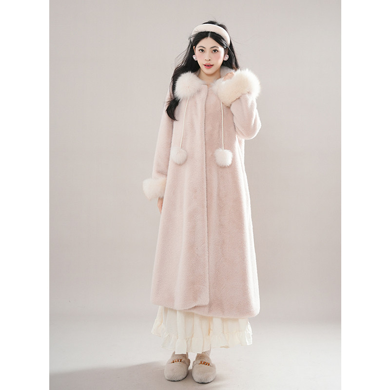 新中式甜美温柔风粉色毛毛外套女2024冬季新款气质高级中长款大衣