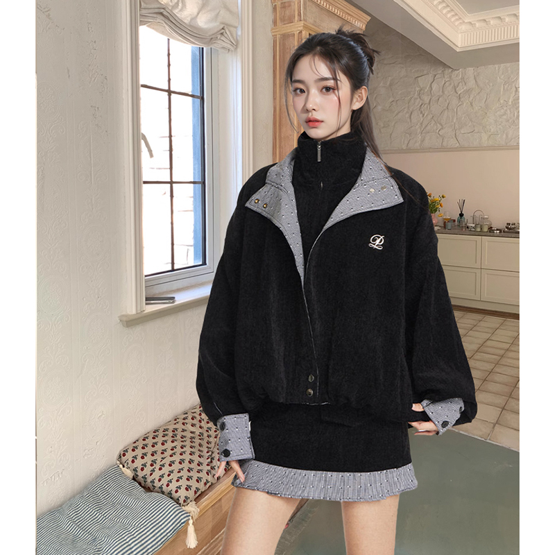 韩系慵懒宽松立领夹克外套别致感百搭半身裙女秋冬炸街甜酷风套装