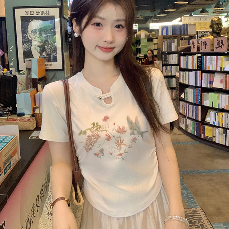 新中式国风短袖t恤女2025新款爆款夏季修身高腰刺绣镂空短款上衣