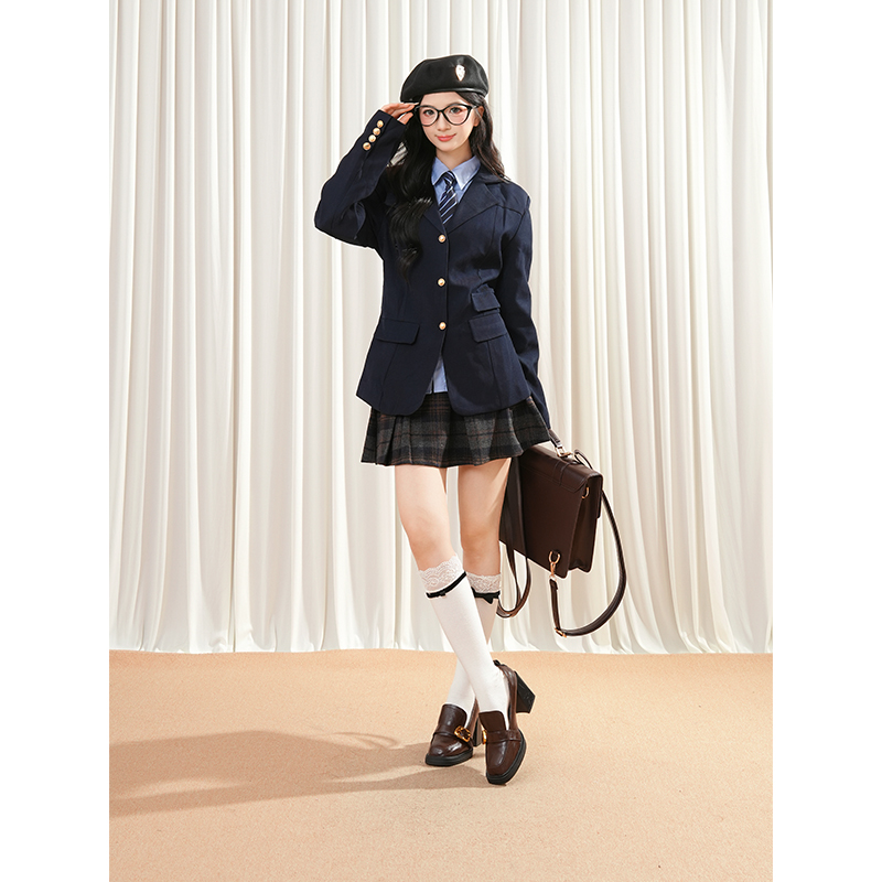 学院风收腰西装套装女冬季小个子加厚jk制服外套+a字百褶裙两件套