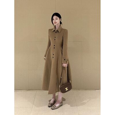 暖棕软语法式复古赫本风毛呢大衣新款小众气质中长款显瘦长裙女冬