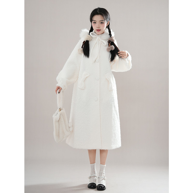 白色小熊 甜美学院风设计感毛呢外套秋冬新款氛围感中长呢子大衣