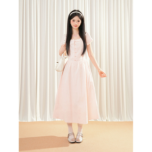 樱花浅粉 韩系甜美花边拼接短袖连衣裙收腰显瘦气质显白长裙夏季