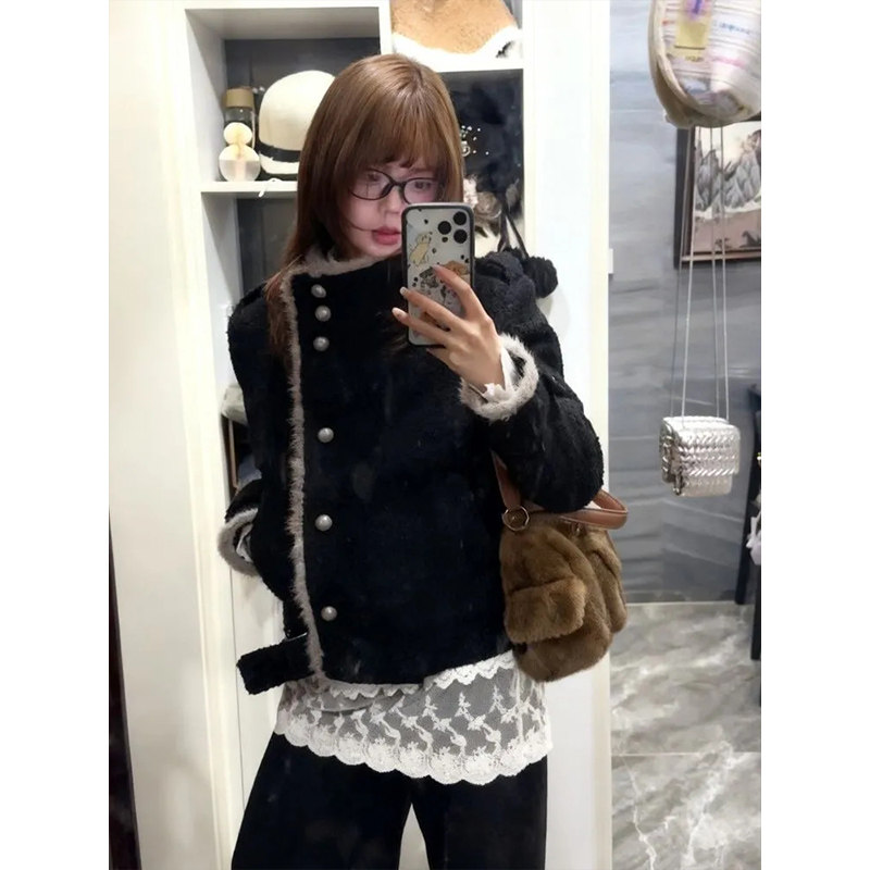 韩系设计感毛条拼接立领毛呢外套女秋冬新款通勤宽松黑色短款夹克