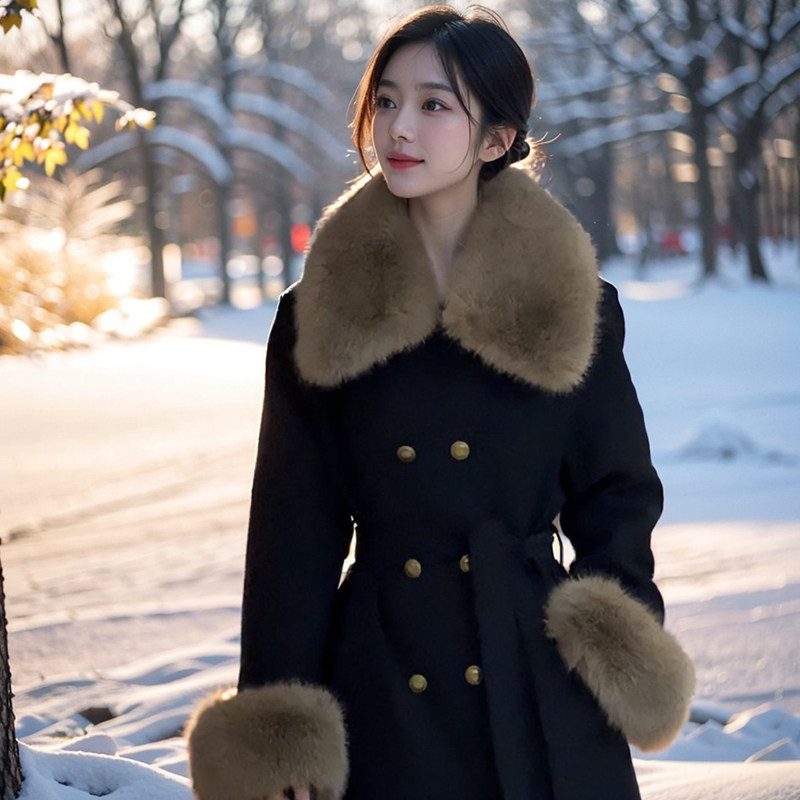 【财阀夫人】黑色赫本风中长款大衣女冬季新款高级感收腰显瘦外套