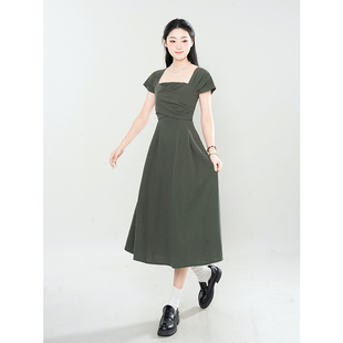 【莫奈花园】灰色高腰显瘦a字连衣裙2024夏季新款方口领中长裙