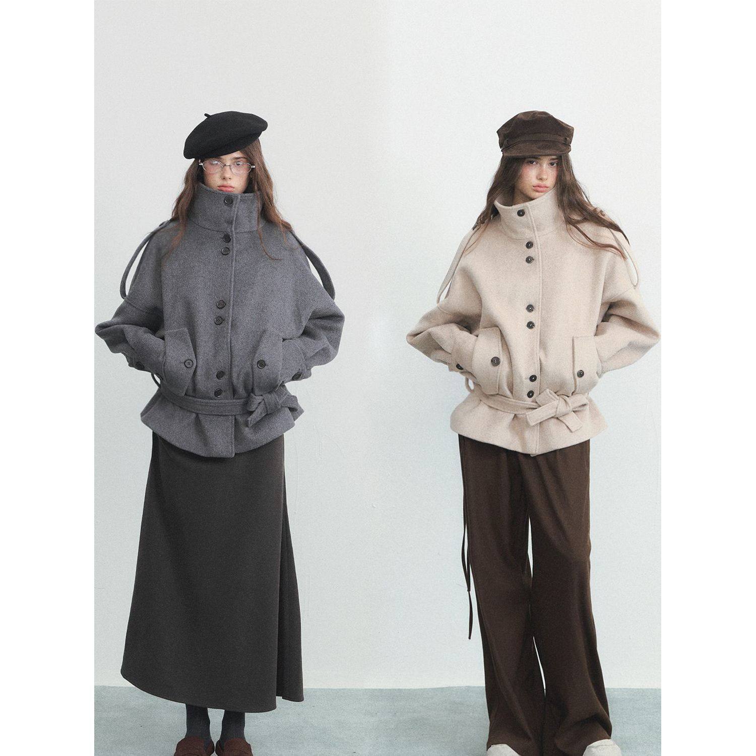 松间步月 韩系气质绑带收腰大衣2025冬季新款加厚立领外套上衣女