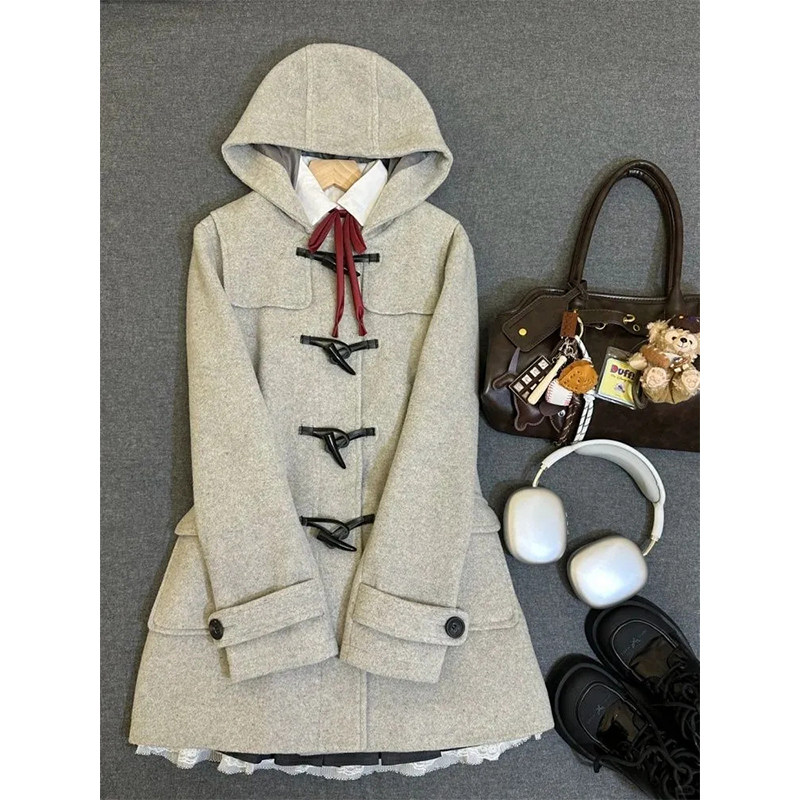 日系古早感牛角扣毛呢外套女早秋季新款学院风简约宽松中长款大衣