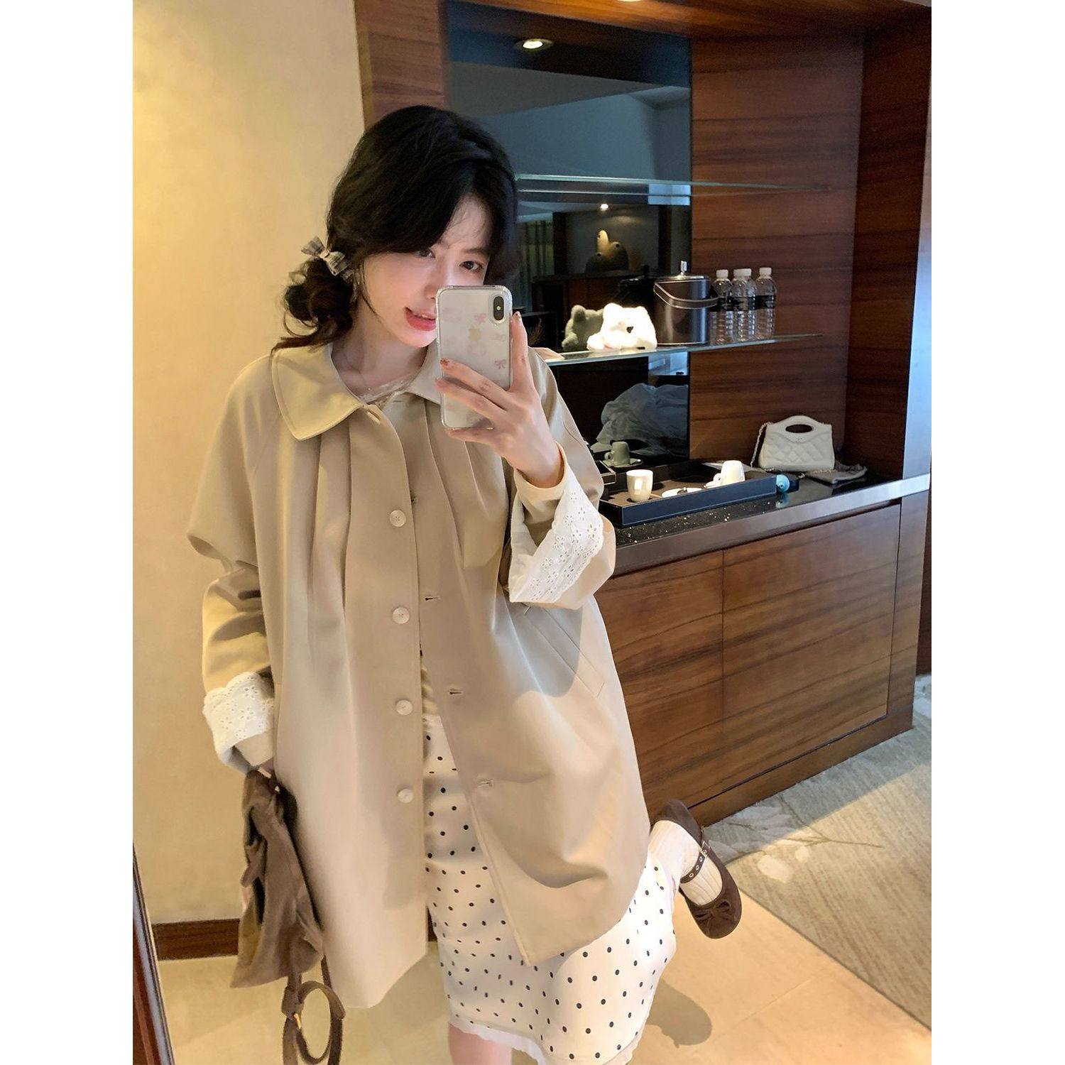 长岛恋人 韩系袖口拼接花边中长款风衣2025新款英伦百搭宽松外套,女装/女士精品,风衣,淘宝优惠券,粉丝福利购,淘宝优惠卷