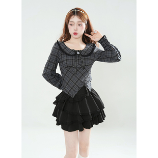 #夜莺#doll感甜酷娃娃领长袖格子挂脖上衣衬衫+半裙两件套装2025