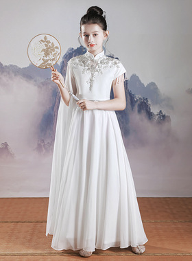 儿7童古筝演出服2023新款女8童超仙中国风表演服艺考主持白色礼服