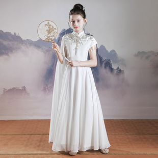 女8童超仙中国风表演服艺考主持白色礼服 儿7童古筝演出服2023新款
