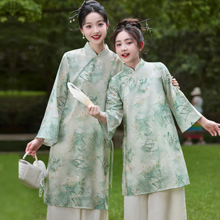 绿色旗袍新中式连衣裙长袖宽松裙裤套装初秋禅意风茶艺古筝表演裙