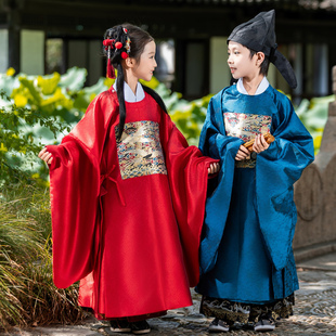 儿童汉服男童明朝春秋款男宝少爷女孩一品仙鹤补服中国风圆领袍潮