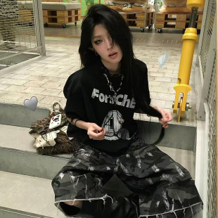 宽显瘦百搭设计感小众ins潮 美式 复古短袖 t恤女慵懒风纯棉夏季 新款