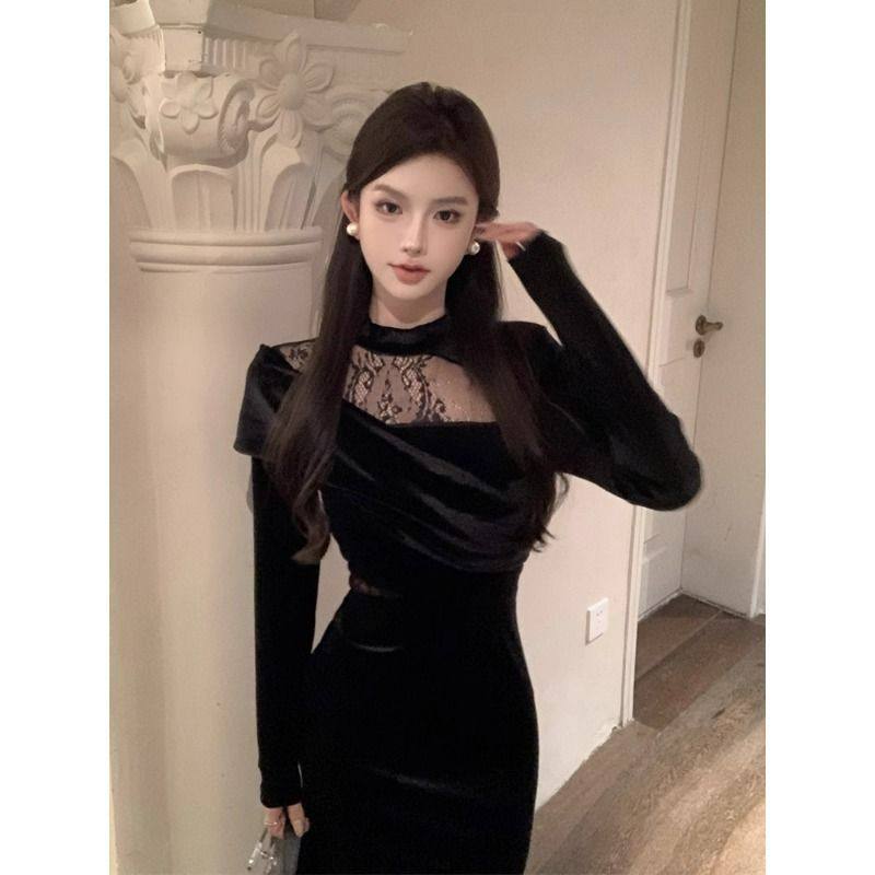 赫本风丝绒连衣裙富家千金性感蕾丝宴会气质生日礼服小黑裙女秋冬