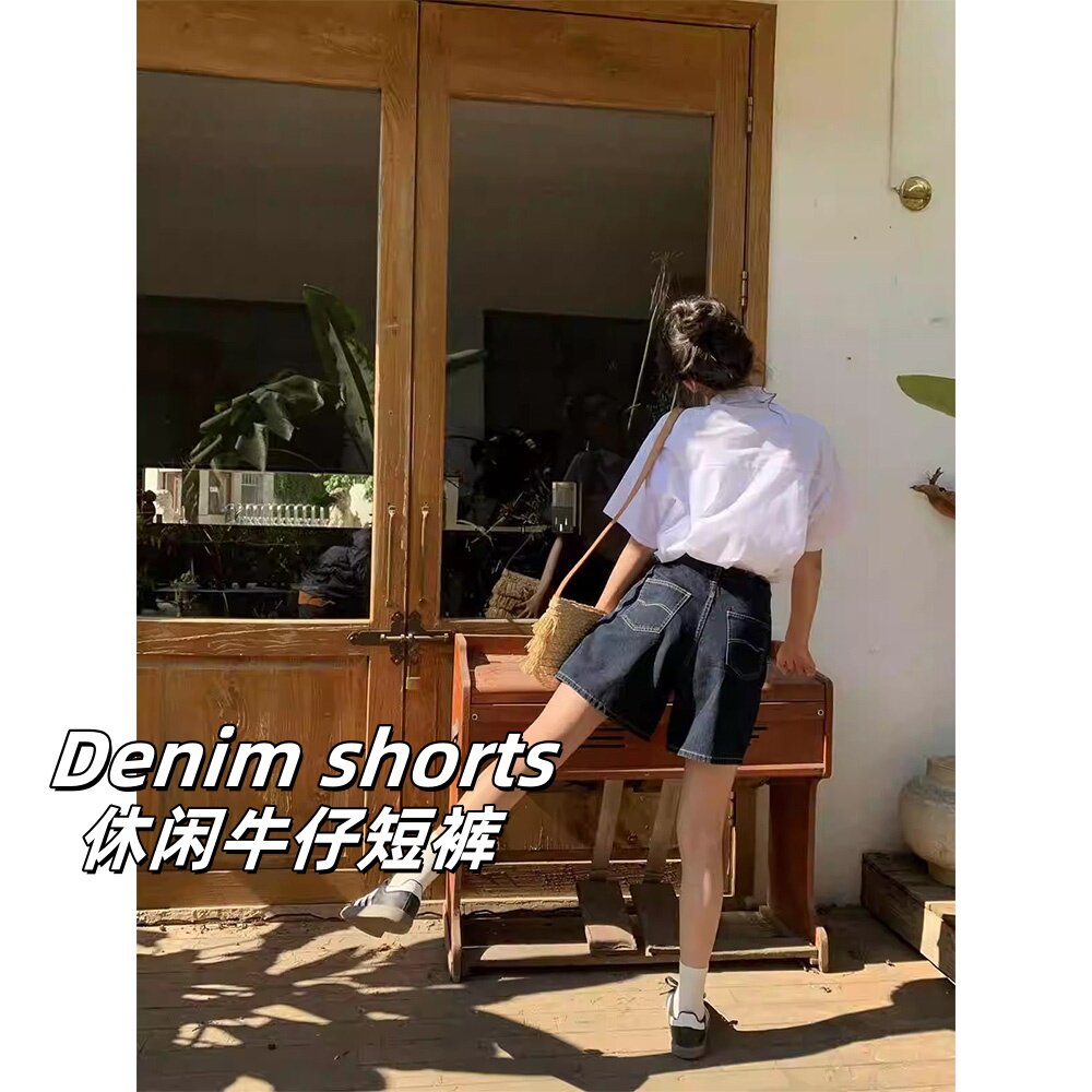 休闲百搭薄款时尚复古新款高腰显瘦五分牛仔短裤女式夏季宽松