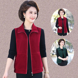 中年妈妈春秋薄款灯芯绒马甲中老年女装大码时尚纯色拉链上衣马夹