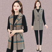 格子马甲中老年女装 大码 宽松妈妈洋气西装 春秋装 领上衣中长款 马夹
