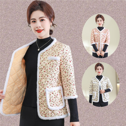 妈妈装冬季加绒保暖七分袖棉衣棉马甲中老年女装小香风暖服棉马夹