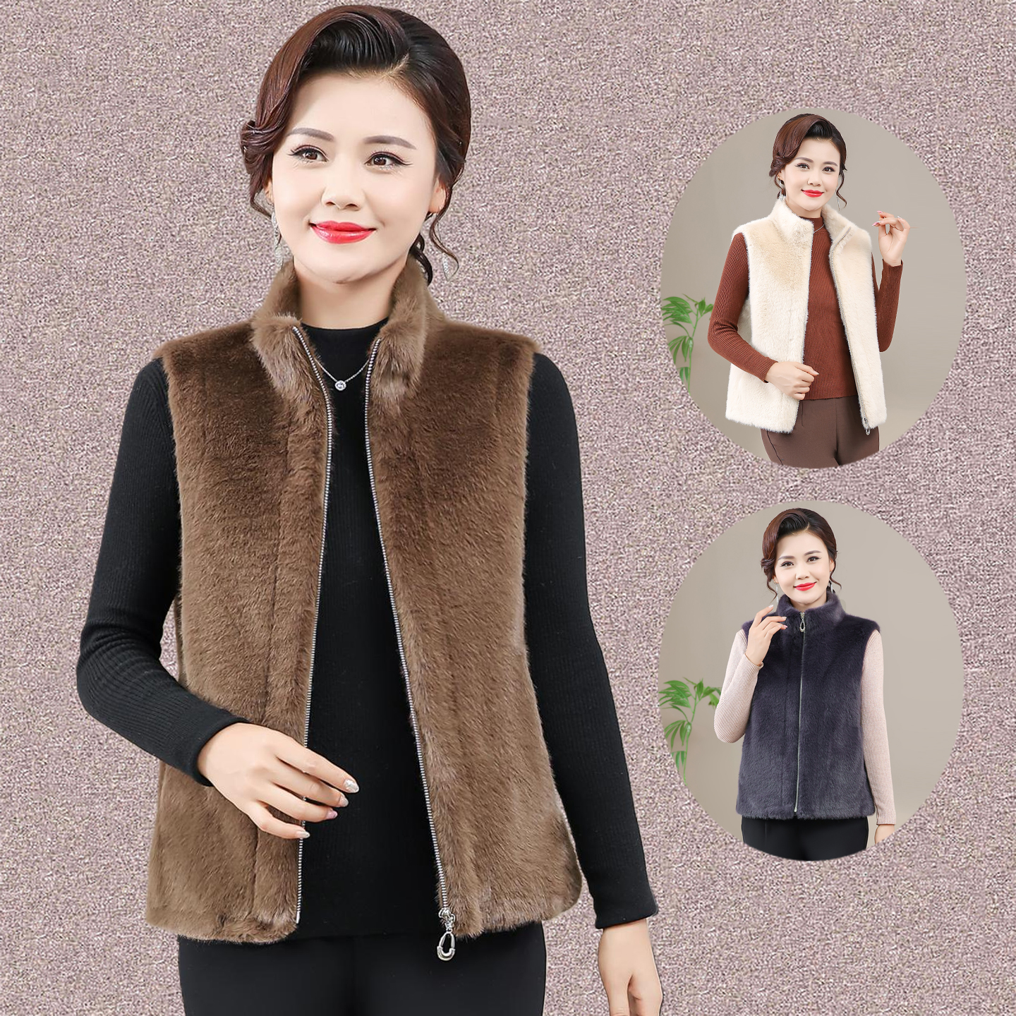 妈妈秋冬装仿水貂绒马甲中老年女装大码宽松拉链上衣皮毛一体马夹