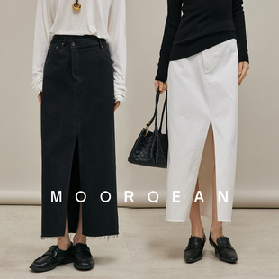 MOOR 設計感開叉毛邊牛仔半身裙包臀牛仔裙 QEAN