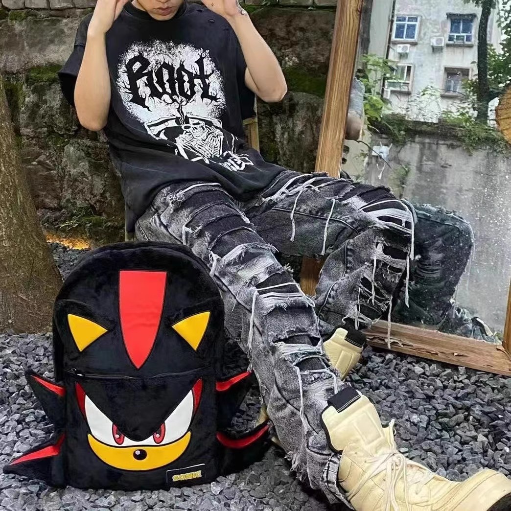 新款自制校园百搭索尼克暗影黑色毛绒小众双肩包情侣学生旅行书包