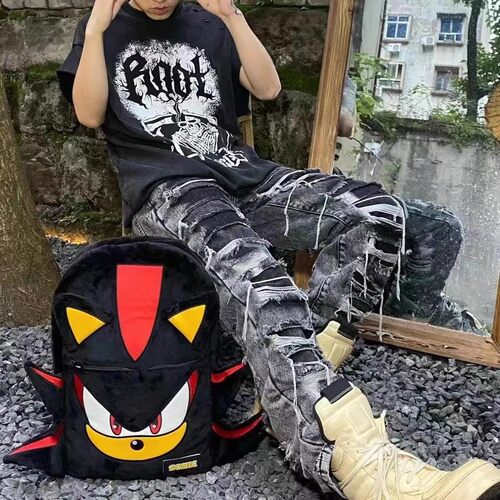 新款自制校园百搭索尼克暗影黑色毛绒小众双肩包情侣学生旅行书包