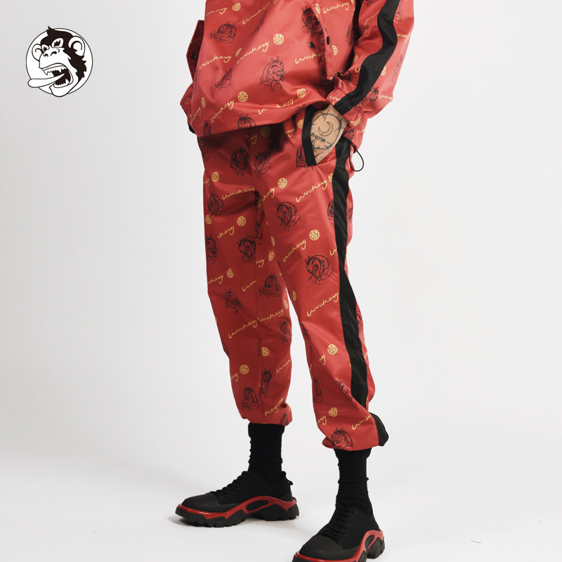 wookong【大闹天宫】联名款 美猴王印花暗红色束脚裤男士休闲长裤